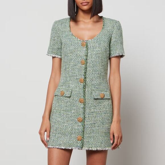 Self-Portrait Green Bouclé Tweed Mini Dress Short Sleeve Button Front Sz 10 NWT - Picture 2 of 12